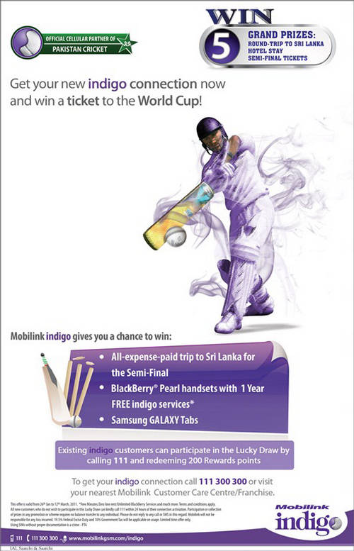 Mobilink Indigo World Cup Offer will give away 5 Grand Prizes for Sri Lanka, 