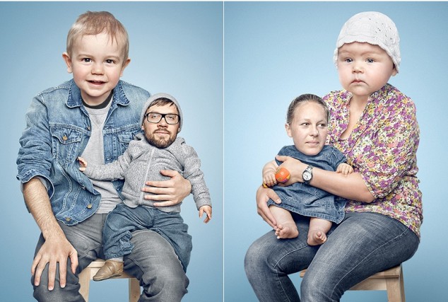 Portraits of parents and children with their heads swapped